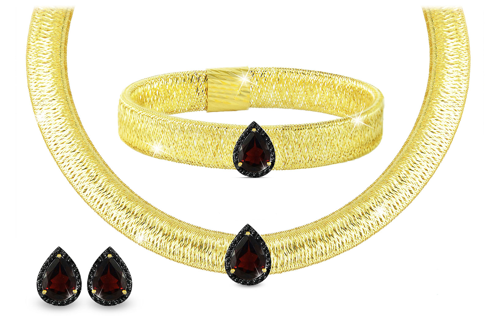 Vera Perla 18K Gold 0.48ct Black Diamonds, Garnet Jewelry Set - 3 pcs.